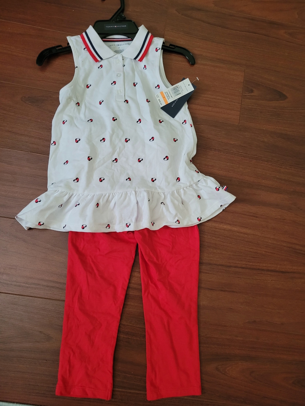 Tommy Hilfiger White Peplum Polo Top & Red Leggings Set